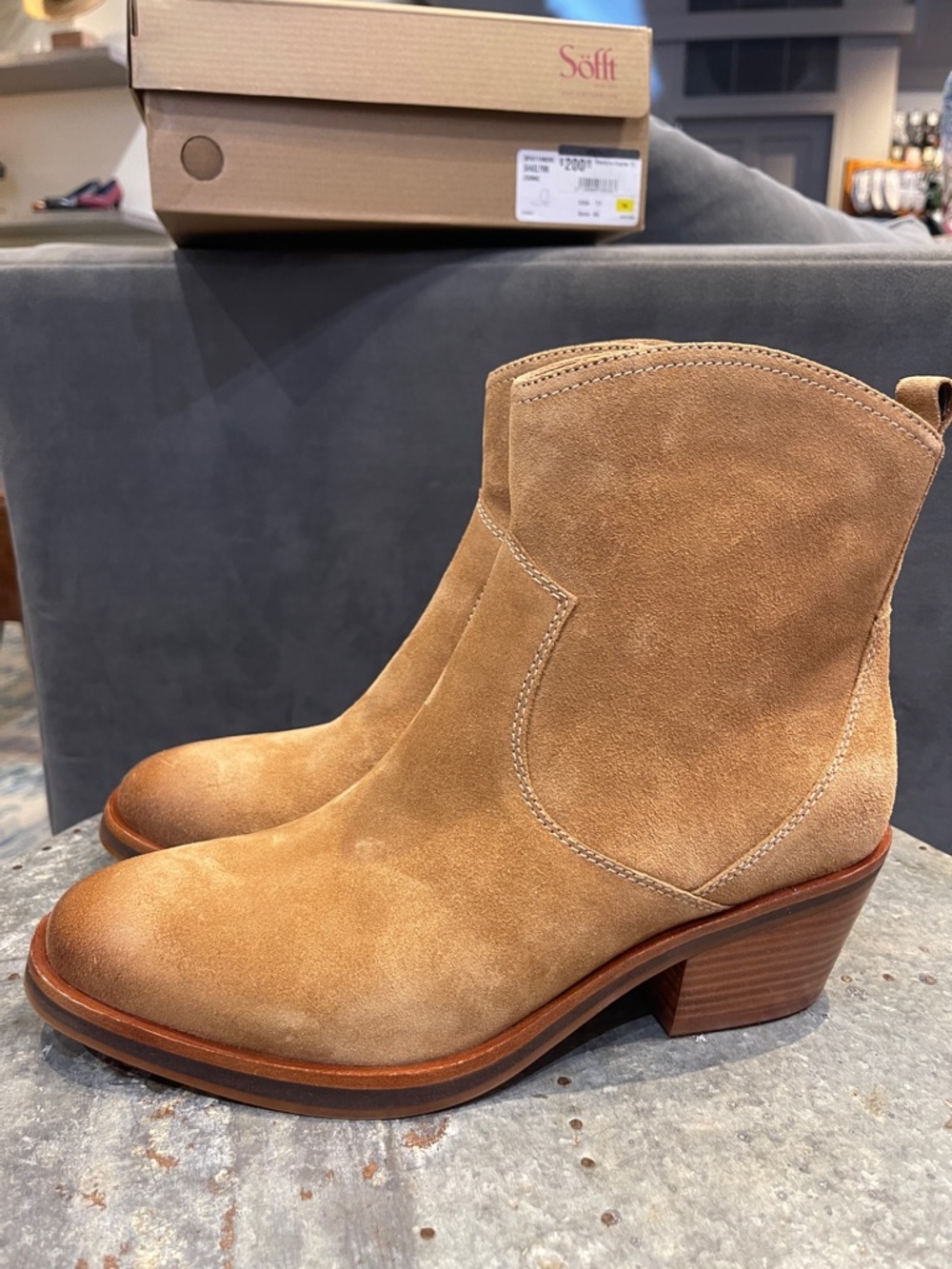 Sofft Tan Suede Ankle Bootie with Stacked Heel